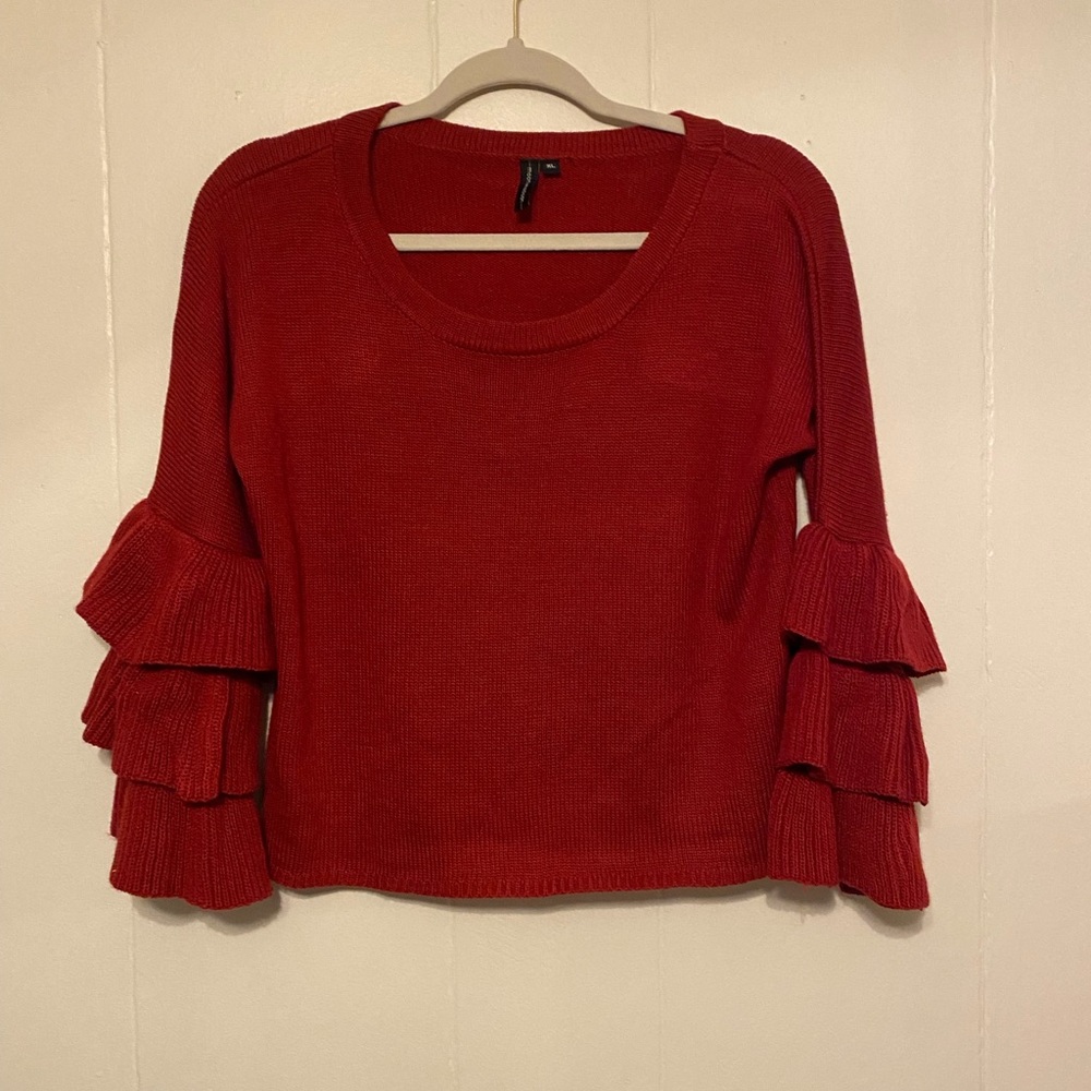 Red Cropped Sweater with Ruffle Sleeves